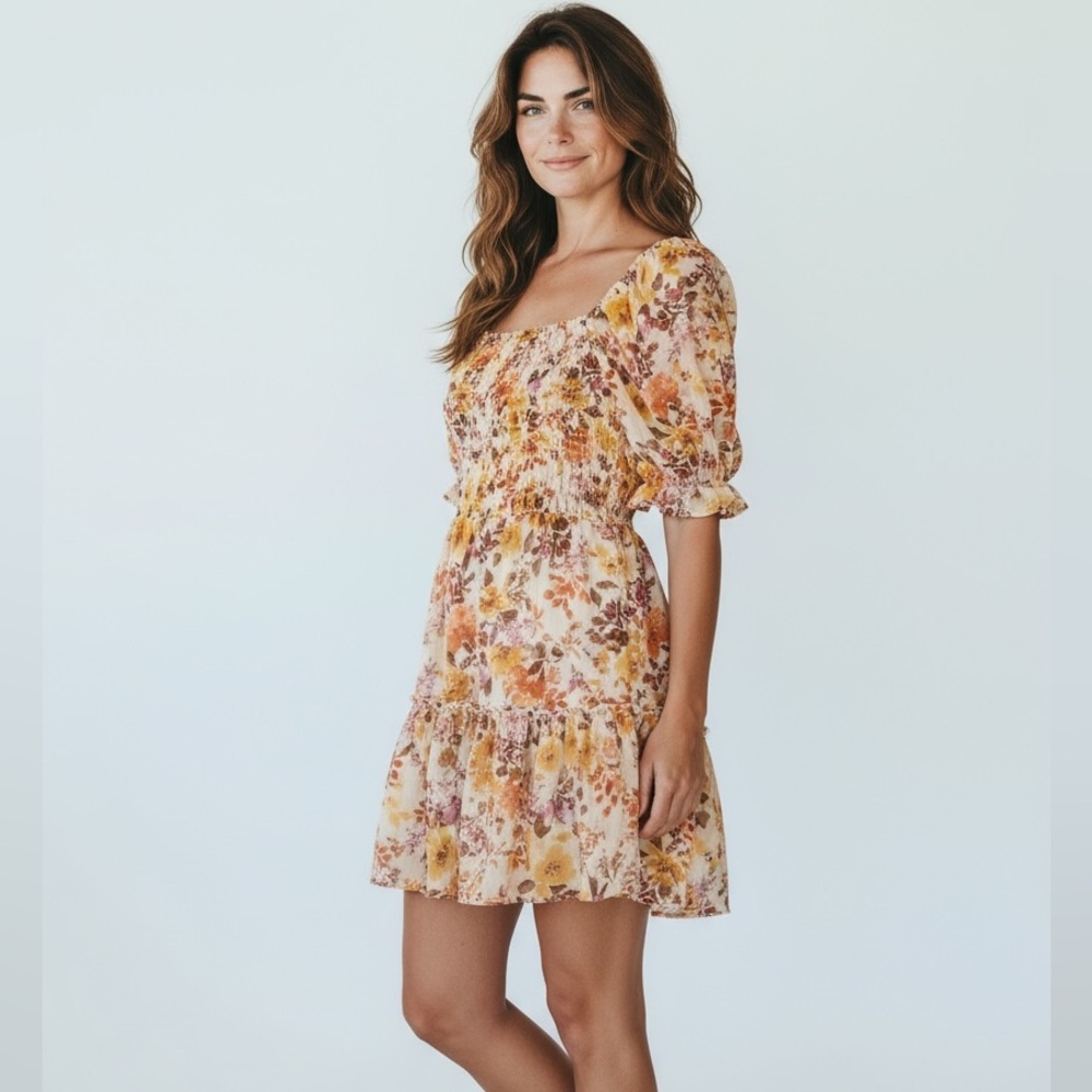 Jun & Ivy Fall Boho Floral Tiered Puff Sleeve Dress ~ Women's Small~ Like New